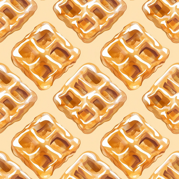 golden brown, cream, amber, waffle pattern, breakfast food, repeating design, square grid, syrup drizzle, warm tones, food motif, kitchen theme, geometric squares,, fabric panel, cozy aesthetic, morning vibes, textured illustration, culinary design, comfort food, golden hues