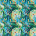 fairies, forest, magical creatures, winged figures, lush greenery, waterfall, enchanted woodland, fantasy scene, emerald green, turquoise blue, golden yellow, sparkling effects, whimsical art, children's theme,, fabric panel, nature scene, mythical beings, dreamy atmosphere, vibrant colors