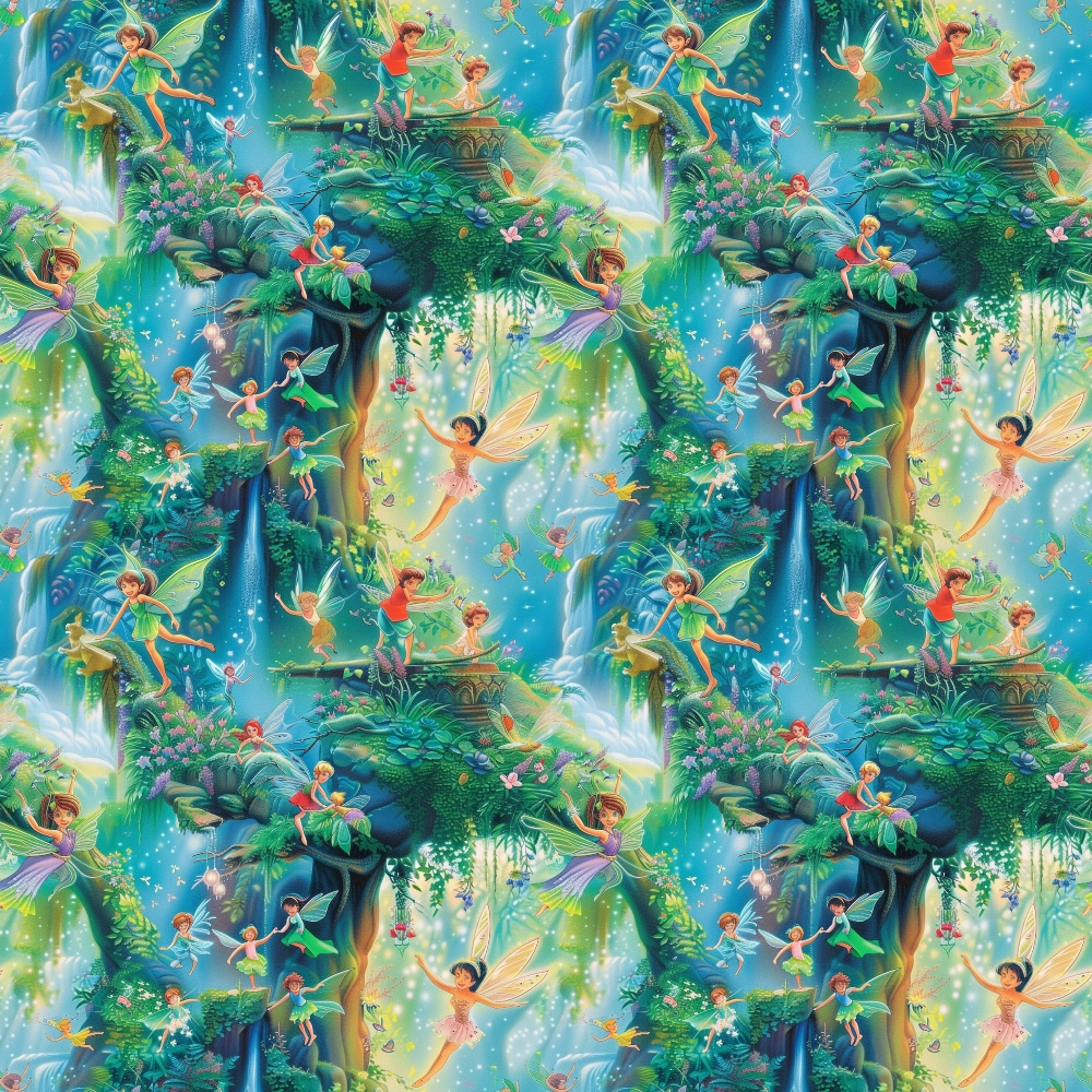 fairies, forest, magical creatures, winged figures, lush greenery, waterfall, enchanted woodland, fantasy scene, emerald green, turquoise blue, golden yellow, sparkling effects, whimsical art, children's theme,, fabric panel, nature scene, mythical beings, dreamy atmosphere, vibrant colors