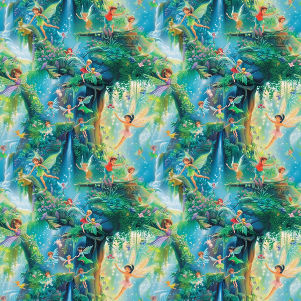 fairies, forest, magical creatures, winged figures, lush greenery, waterfall, enchanted woodland, fantasy scene, emerald green, turquoise blue, golden yellow, sparkling effects, whimsical art, children's theme,, fabric panel, nature scene, mythical beings, dreamy atmosphere, vibrant colors
