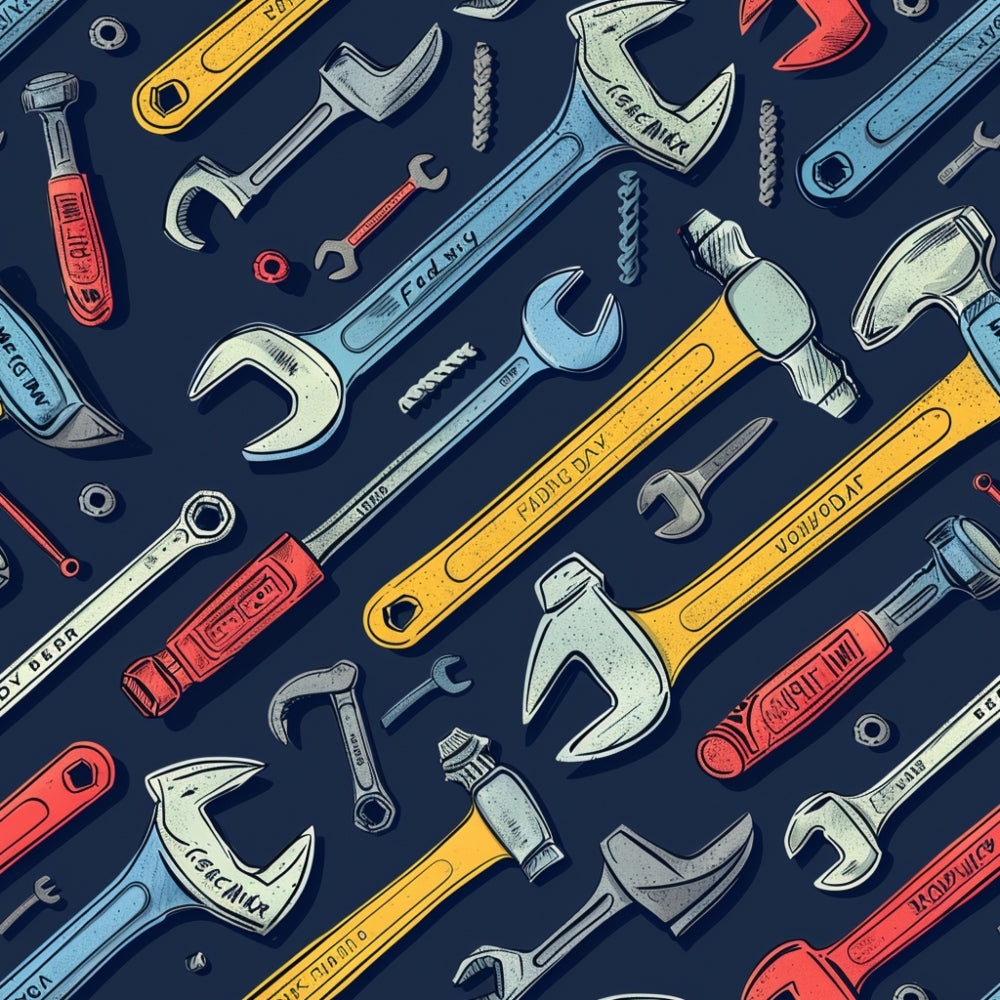 Illustration of various tools scattered on a dark background, including wrenches, hammers, screwdrivers, and bolts in red, yellow, and blue.