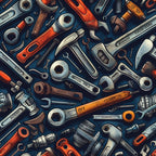 A variety of tools, including wrenches, hammers, and screwdrivers, are scattered across a dark surface in a dense, overlapping arrangement.