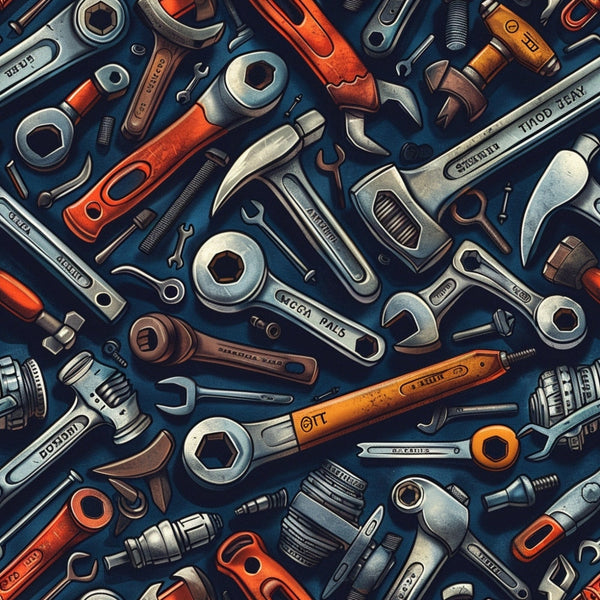 A variety of tools, including wrenches, hammers, and screwdrivers, are scattered across a dark surface in a dense, overlapping arrangement.