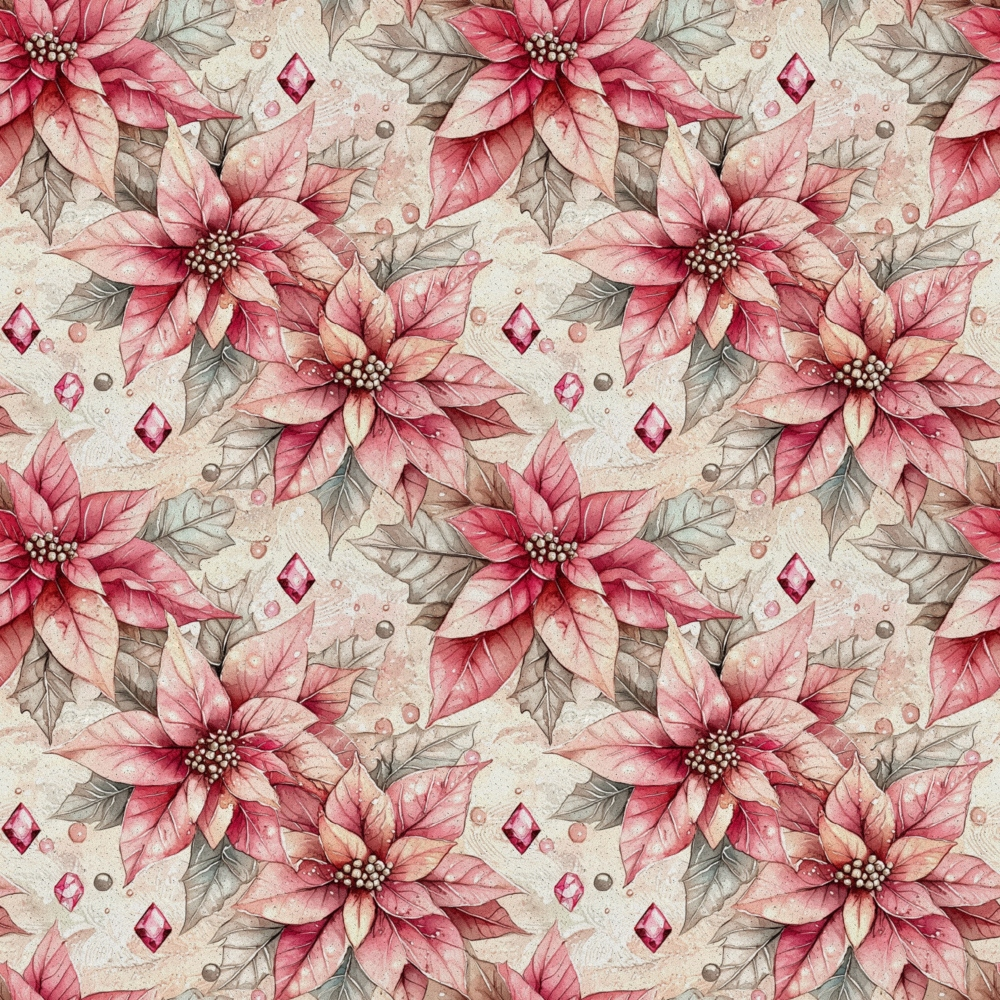 pink poinsettias, burgundy flowers, cream background, floral pattern, christmas blooms, watercolor style, botanical design, holiday florals, dusty rose, mauve petals, geometric diamonds,, fabric panel, winter flowers, festive pattern, soft pastels, repeating motif, crafting material, seasonal fabric, delicate artwork