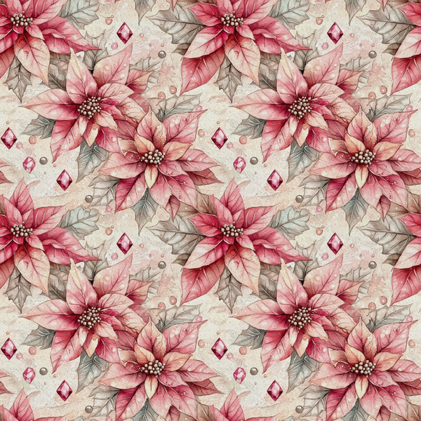 pink poinsettias, burgundy flowers, cream background, floral pattern, christmas blooms, watercolor style, botanical design, holiday florals, dusty rose, mauve petals, geometric diamonds,, fabric panel, winter flowers, festive pattern, soft pastels, repeating motif, crafting material, seasonal fabric, delicate artwork