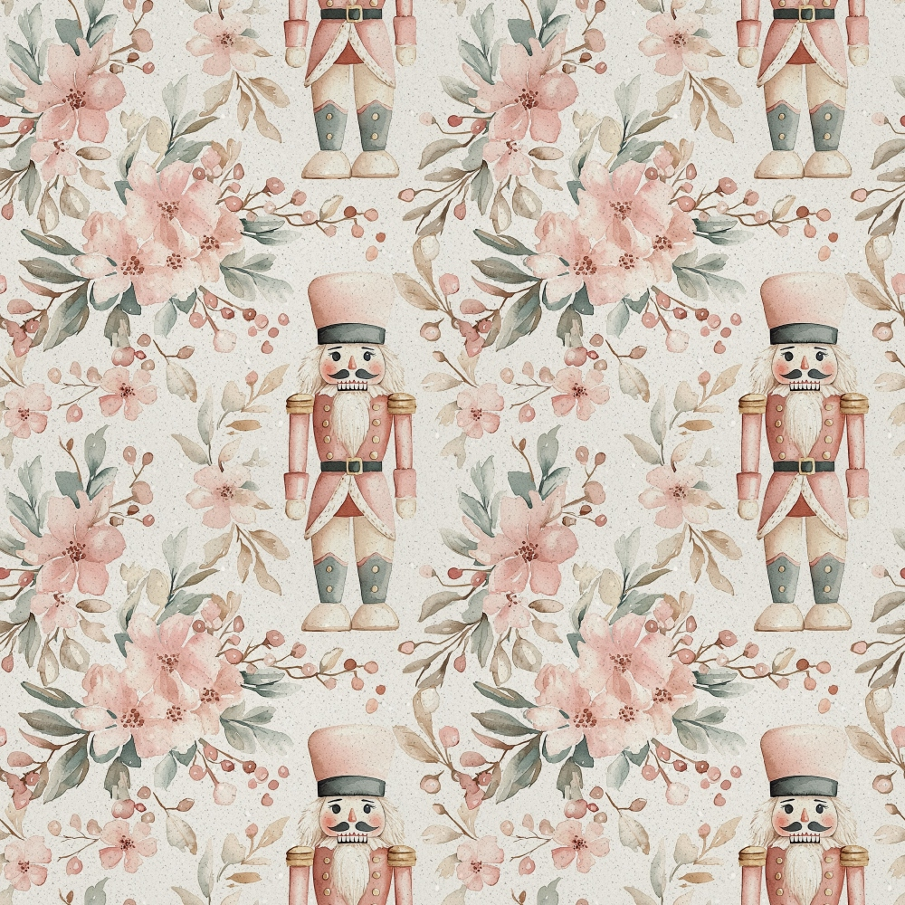 nutcracker, pink flowers, blush pink, sage green, cream background, floral pattern, christmas theme, watercolor style,, fabric panel, holiday motif, soldier figure, botanical elements, soft pastels, repeating pattern, winter decor, festive design, delicate florals, muted tones