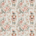 nutcracker, pink flowers, blush pink, sage green, cream background, floral pattern, christmas theme, watercolor style,, fabric panel, holiday motif, soldier figure, botanical elements, soft pastels, repeating pattern, winter decor, festive design, delicate florals, muted tones