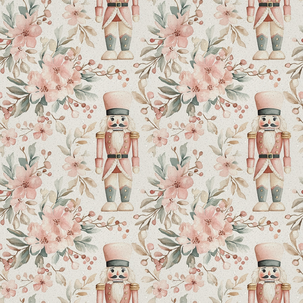 nutcracker, pink flowers, blush pink, sage green, cream background, floral pattern, christmas theme, watercolor style,, fabric panel, holiday motif, soldier figure, botanical elements, soft pastels, repeating pattern, winter decor, festive design, delicate florals, muted tones