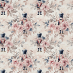 nutcracker soldiers, floral pattern, pink flowers, dusty rose, sage green, navy blue, cream background, watercolor style, christmas theme,, fabric panel, botanical elements, leaves, vintage style, soft pastels, repeating pattern, holiday motif, winter florals, muted tones, festive design