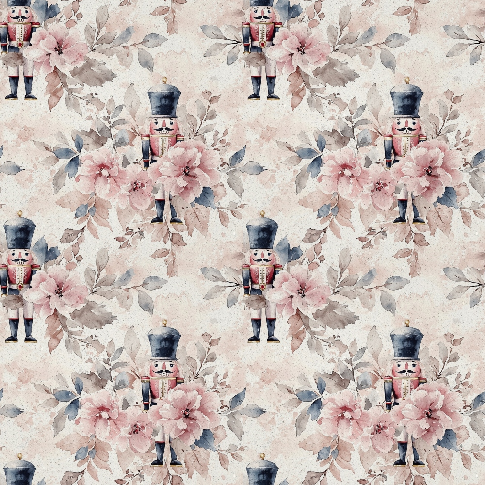 nutcracker soldiers, floral pattern, pink flowers, dusty rose, sage green, navy blue, cream background, watercolor style, christmas theme,, fabric panel, botanical elements, leaves, vintage style, soft pastels, repeating pattern, holiday motif, winter florals, muted tones, festive design