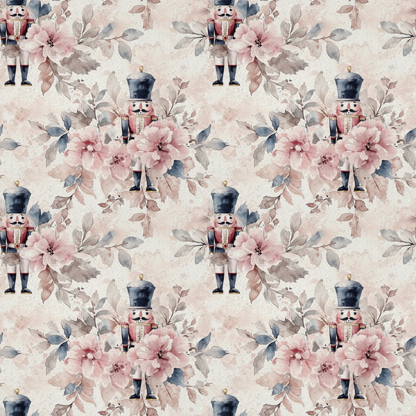 nutcracker soldiers, floral pattern, pink flowers, dusty rose, sage green, navy blue, cream background, watercolor style, christmas theme,, fabric panel, botanical elements, leaves, vintage style, soft pastels, repeating pattern, holiday motif, winter florals, muted tones, festive design