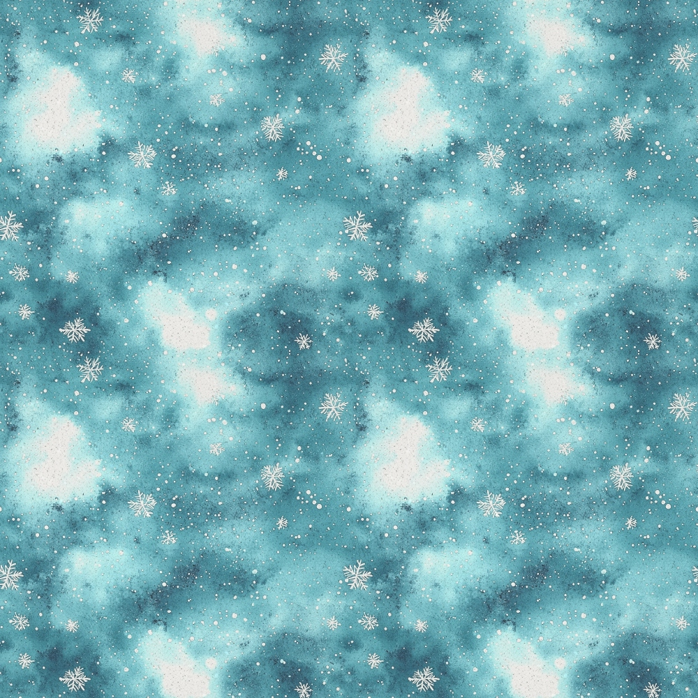 turquoise, teal, white, snowflakes, clouds, winter sky, snow pattern,, fabric panel, christmas theme, winter wonderland, celestial design, frosted pattern, holiday fabric, watercolor style, dreamy atmosphere, seasonal motif, crafting material, repeating pattern, winter storm