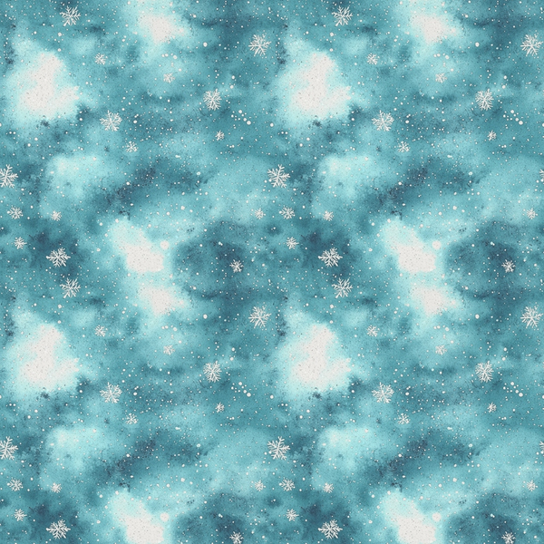 turquoise, teal, white, snowflakes, clouds, winter sky, snow pattern,, fabric panel, christmas theme, winter wonderland, celestial design, frosted pattern, holiday fabric, watercolor style, dreamy atmosphere, seasonal motif, crafting material, repeating pattern, winter storm