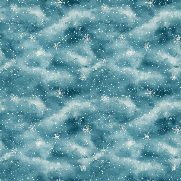 blue sky, snowflakes, winter clouds, falling snow, icy blue, white snowflakes, winter pattern, frosted design, christmas fabric,, seasonal motif, snowy sky, winter wonderland, crystalline snowflakes, cloudy background, festive pattern, cold weather theme, fabric panel, cotton material, holiday design