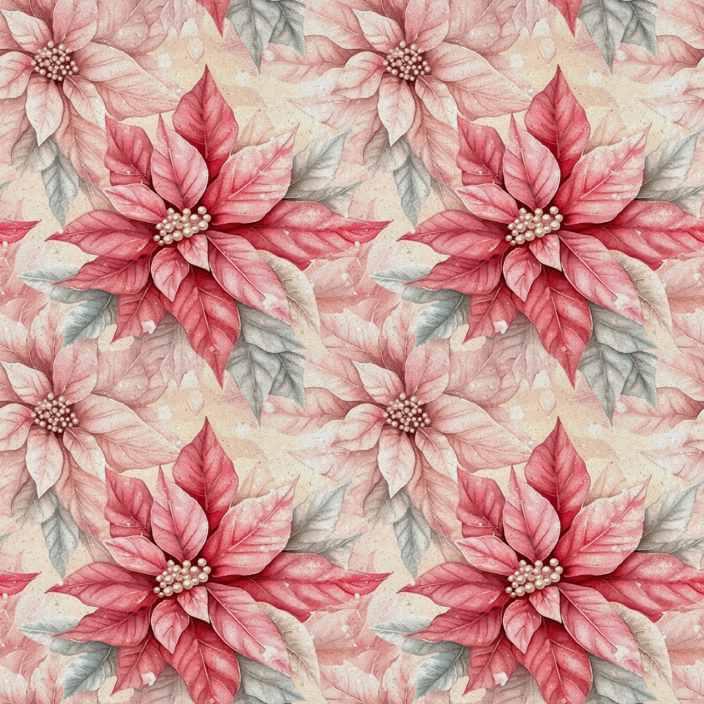 coral pink, dusty rose, sage green, cream, watercolor florals, poinsettia flowers, botanical pattern, repeating design, delicate petals, pearl centers, layered blooms, soft pastels, christmas florals, holiday flowers,, fabric panel, winter botanical, festive pattern, seamless repeat, muted tones