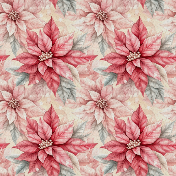coral pink, dusty rose, sage green, cream, watercolor florals, poinsettia flowers, botanical pattern, repeating design, delicate petals, pearl centers, layered blooms, soft pastels, christmas florals, holiday flowers,, fabric panel, winter botanical, festive pattern, seamless repeat, muted tones