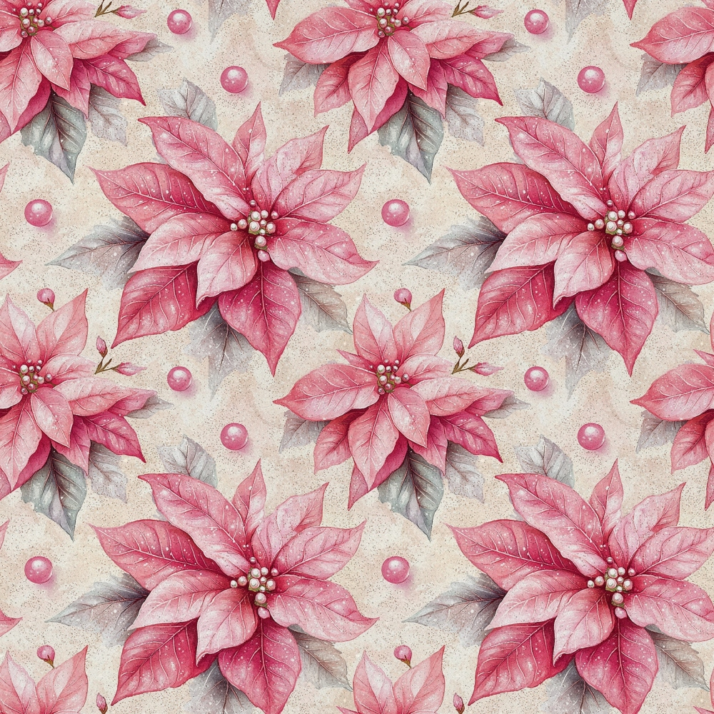 poinsettia flowers, pink petals, coral red, dusty rose, cream background, floral pattern, christmas botanicals, winter blooms, repeating design, watercolor style,, fabric panel, holiday motif, festive florals, soft pastels, botanical illustration, seasonal flowers, delicate petals, pearl accents, frosted finish