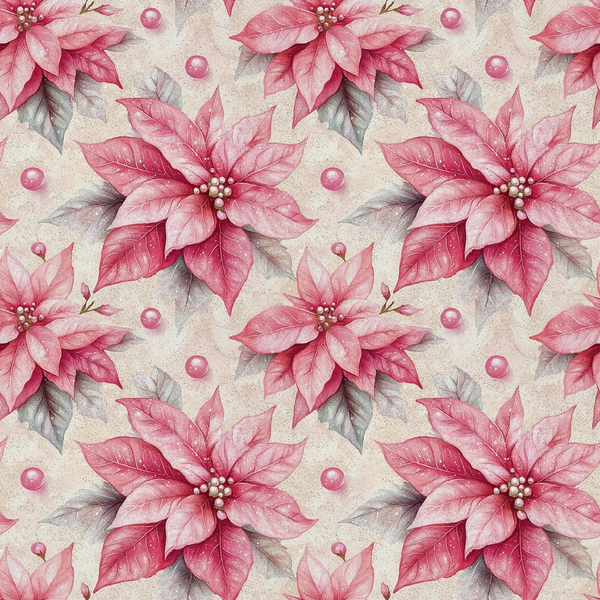 poinsettia flowers, pink petals, coral red, dusty rose, cream background, floral pattern, christmas botanicals, winter blooms, repeating design, watercolor style,, fabric panel, holiday motif, festive florals, soft pastels, botanical illustration, seasonal flowers, delicate petals, pearl accents, frosted finish