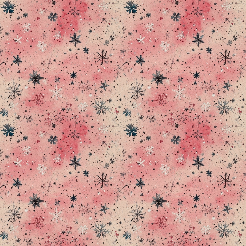 coral pink, beige, navy blue, white, snowflakes, winter stars, celestial motifs, scattered dots, watercolor background, christmas pattern,, fabric panel, winter theme, holiday design, frosted appearance, repeating pattern, festive motif, seasonal fabric, crafting material, patchwork design