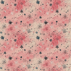 coral pink, beige, navy blue, white, snowflakes, winter stars, celestial motifs, scattered dots, watercolor background, christmas pattern,, fabric panel, winter theme, holiday design, frosted appearance, repeating pattern, festive motif, seasonal fabric, crafting material, patchwork design