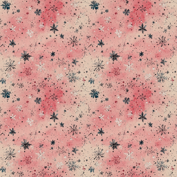 coral pink, beige, navy blue, white, snowflakes, winter stars, celestial motifs, scattered dots, watercolor background, christmas pattern,, fabric panel, winter theme, holiday design, frosted appearance, repeating pattern, festive motif, seasonal fabric, crafting material, patchwork design