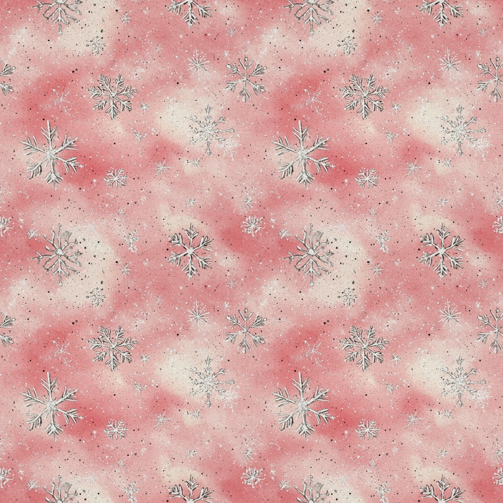 pink background, coral tones, snowflakes, winter pattern, frosted design, watercolor effect,, fabric panel, christmas theme, holiday motif, repeating pattern, soft pastels, crystalline snowflakes, winter wonderland, delicate details, seamless design, festive fabric, seasonal print, gentle hues, whimsical snowflakes