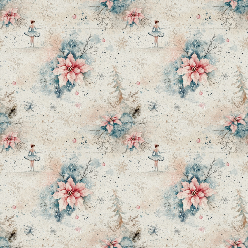 frosted christmas,, fabric panel, watercolor style, pink poinsettias, ballet dancer, winter branches, soft pastels, cream background, blue accents, floral motifs, whimsical pattern, holiday theme, delicate illustrations, repeating design, feminine colors, winter florals, artistic watercolors, christmas blooms, subtle textures
