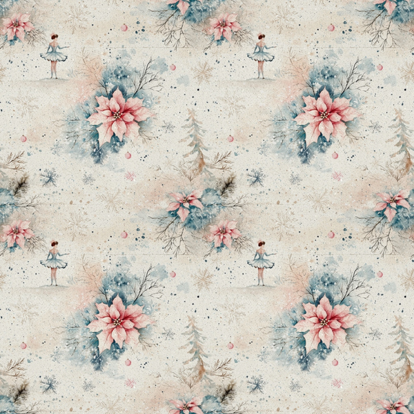 frosted christmas,, fabric panel, watercolor style, pink poinsettias, ballet dancer, winter branches, soft pastels, cream background, blue accents, floral motifs, whimsical pattern, holiday theme, delicate illustrations, repeating design, feminine colors, winter florals, artistic watercolors, christmas blooms, subtle textures