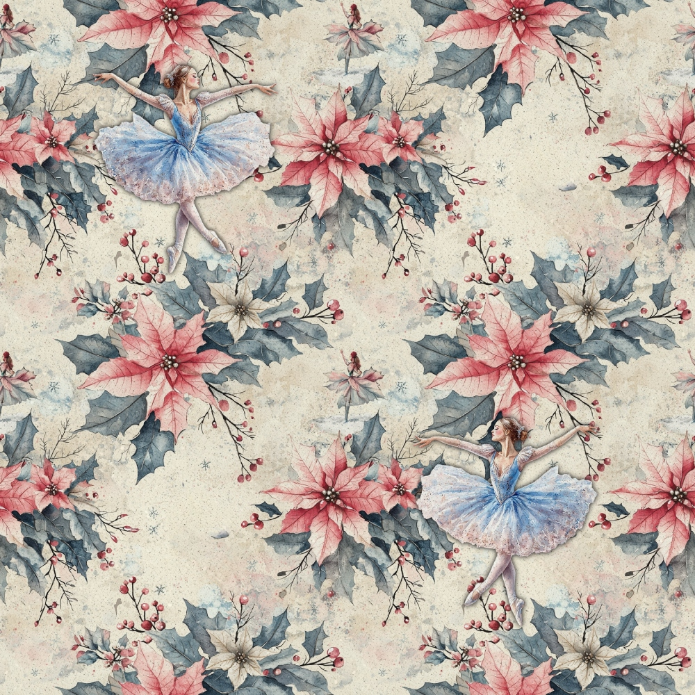 pink poinsettias, blue ballerina, gray holly leaves, beige background, watercolor style, christmas florals, dancing figure, red berries, winter blooms,, fabric panel, holiday pattern, soft pastels, floral motifs, festive design, repeating pattern, botanical elements, seasonal flowers, delicate artwork, cotton fabric