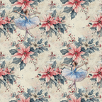 pink poinsettias, blue ballerina, gray holly leaves, beige background, watercolor style, christmas florals, dancing figure, red berries, winter blooms,, fabric panel, holiday pattern, soft pastels, floral motifs, festive design, repeating pattern, botanical elements, seasonal flowers, delicate artwork, cotton fabric