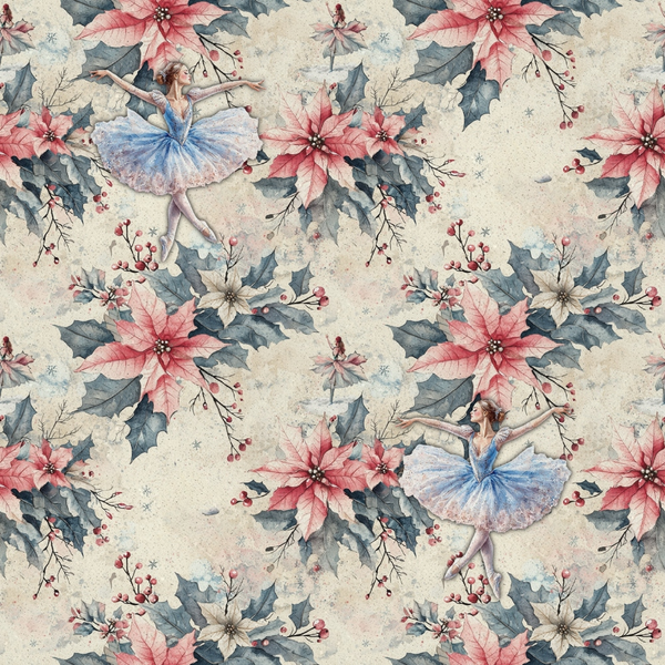 pink poinsettias, blue ballerina, gray holly leaves, beige background, watercolor style, christmas florals, dancing figure, red berries, winter blooms,, fabric panel, holiday pattern, soft pastels, floral motifs, festive design, repeating pattern, botanical elements, seasonal flowers, delicate artwork, cotton fabric