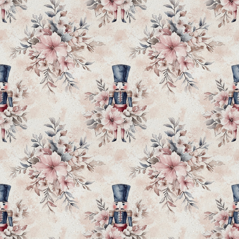 frosted pink, dusty blue, cream background, nutcracker soldiers, floral bouquets, watercolor style, christmas pattern,, fabric panel, holiday theme, vintage roses, muted pastels, repeating motif, winter florals, toy soldiers, soft textures, delicate flowers, seasonal design, cotton fabric