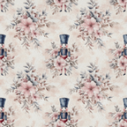 frosted pink, dusty blue, cream background, nutcracker soldiers, floral bouquets, watercolor style, christmas pattern,, fabric panel, holiday theme, vintage roses, muted pastels, repeating motif, winter florals, toy soldiers, soft textures, delicate flowers, seasonal design, cotton fabric
