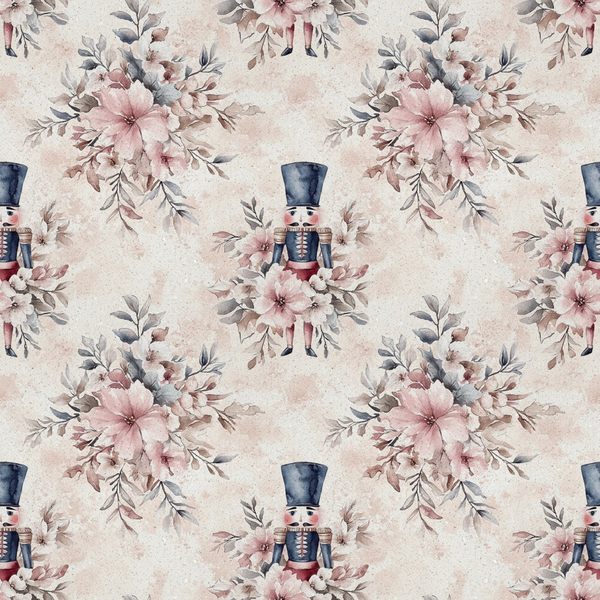 frosted pink, dusty blue, cream background, nutcracker soldiers, floral bouquets, watercolor style, christmas pattern,, fabric panel, holiday theme, vintage roses, muted pastels, repeating motif, winter florals, toy soldiers, soft textures, delicate flowers, seasonal design, cotton fabric