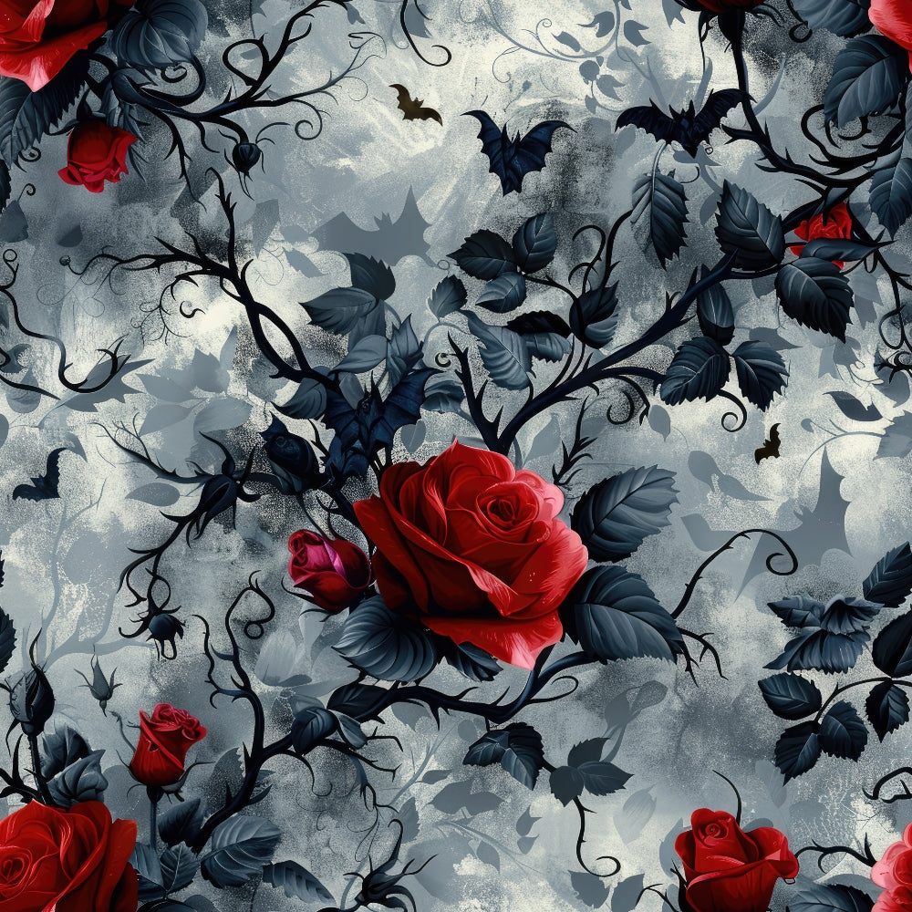 gothic, dark red roses, deep blue leaves, black thorny vines, bats flying, stormy gray clouds, moody atmosphere, crimson flowers, navy foliage, dramatic contrast, haunting design,, fabric panel, spooky elements, romantic gothic, swirling vines, cloudy sky background, red and gray palette, mysterious mood
