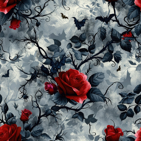 gothic, dark red roses, deep blue leaves, black thorny vines, bats flying, stormy gray clouds, moody atmosphere, crimson flowers, navy foliage, dramatic contrast, haunting design,, fabric panel, spooky elements, romantic gothic, swirling vines, cloudy sky background, red and gray palette, mysterious mood