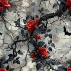 gothic roses, red roses, black thorns, gray background, cracked stone, dark vines, moody floral, dramatic contrast,, fabric panel, gothic aesthetic, thorny branches, crimson blooms, weathered texture, dark leaves, romantic goth, floral pattern, stone cracks, red and black, cotton fabric