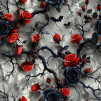 gothic pattern, red roses, blue roses, black thorny vines, bats flying, dark branches,, fabric panel, moody atmosphere, halloween theme, gray background, crimson flowers, navy blooms, spooky elements, thorny stems, twisted branches, gothic romance, dark floral, horror aesthetic, autumn vibes