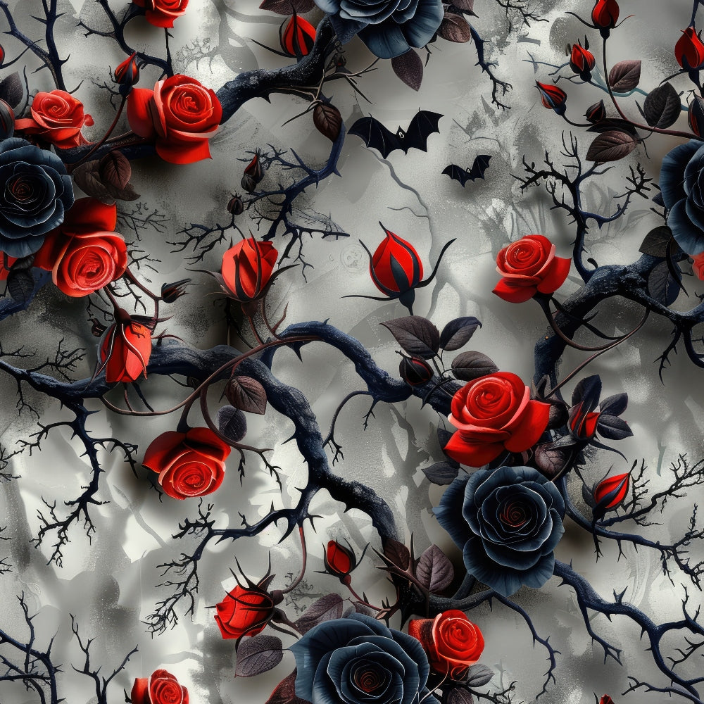 gothic pattern, red roses, blue roses, black thorny vines, bats flying, dark branches,, fabric panel, moody atmosphere, halloween theme, gray background, crimson flowers, navy blooms, spooky elements, thorny stems, twisted branches, gothic romance, dark floral, horror aesthetic, autumn vibes