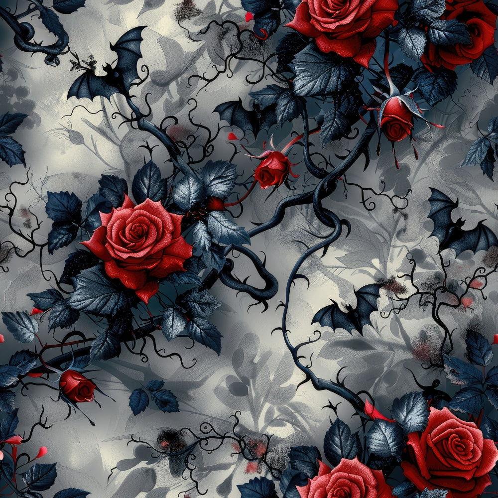red roses, dark blue leaves, black thorny vines, gothic bats, gray background, moody atmosphere, gothic style, dark romantic,, fabric panel, thorns, winged creatures, deep red, slate blue, charcoal black, dramatic shadows, twisted branches, floral gothic, spooky elegance