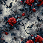 red roses, dark blue leaves, black thorny vines, gothic bats, gray background, moody atmosphere, gothic style, dark romantic,, fabric panel, thorns, winged creatures, deep red, slate blue, charcoal black, dramatic shadows, twisted branches, floral gothic, spooky elegance