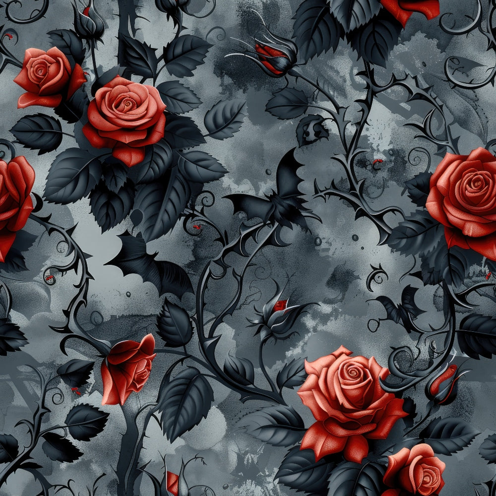red roses, dark gray, charcoal, gothic pattern, thorny vines, dramatic florals, moody aesthetic, ornate scrollwork,, fabric panel, romantic gothic, deep red blooms, shadowy leaves, intricate thorns, dramatic contrast, dark romance, gothic floral, mysterious mood, decorative swirls