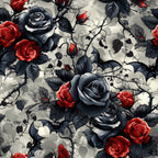 gothic roses, black roses, red roses, dark floral, thorny vines, skull motifs, monochromatic palette, crimson accents, charcoal gray, vintage gothic, romantic dark,, fabric panel, moody atmosphere, dramatic florals, gothic romance, dark botanical, intricate details, shadowy background, mysterious mood