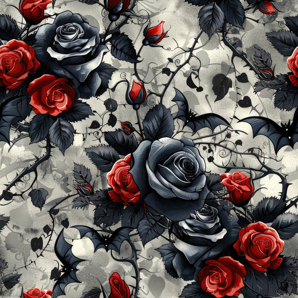gothic roses, black roses, red roses, dark floral, thorny vines, skull motifs, monochromatic palette, crimson accents, charcoal gray, vintage gothic, romantic dark,, fabric panel, moody atmosphere, dramatic florals, gothic romance, dark botanical, intricate details, shadowy background, mysterious mood