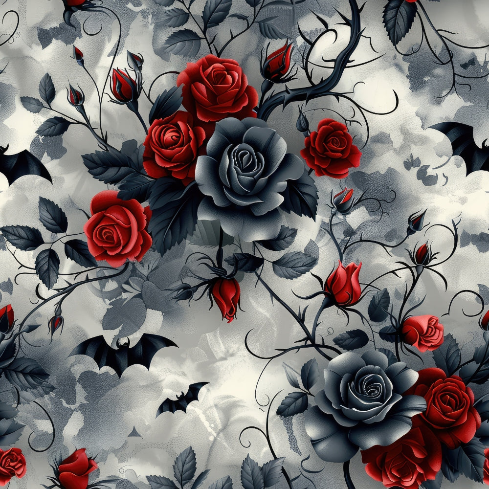 gothic pattern, red roses, gray roses, black bats, thorny vines, dark leaves, crimson flowers, charcoal gray, smoky background, halloween theme, spooky motif, rose buds, twisted branches, moody atmosphere,, fabric panel, gothic romance, dramatic floral, bat silhouettes, thorns
