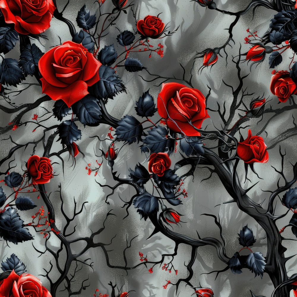 red roses, black thorns, gothic pattern, dark branches, crimson blooms, navy leaves, gray background, moody atmosphere, thorny vines, dramatic florals,, fabric panel, gothic romance, dark botanical, red and black, twisted branches, rose garden, haunting beauty, fabric design, cotton material
