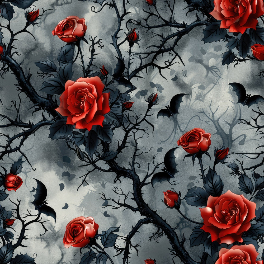 red roses, black thorns, gothic pattern, dark branches, stormy clouds, bats flying, crimson flowers, gray sky, thorny vines, moody atmosphere,, fabric panel, dramatic contrast, dark foliage, rose buds, twisted stems, ominous mood, botanical gothic, red blooms, shadowy background