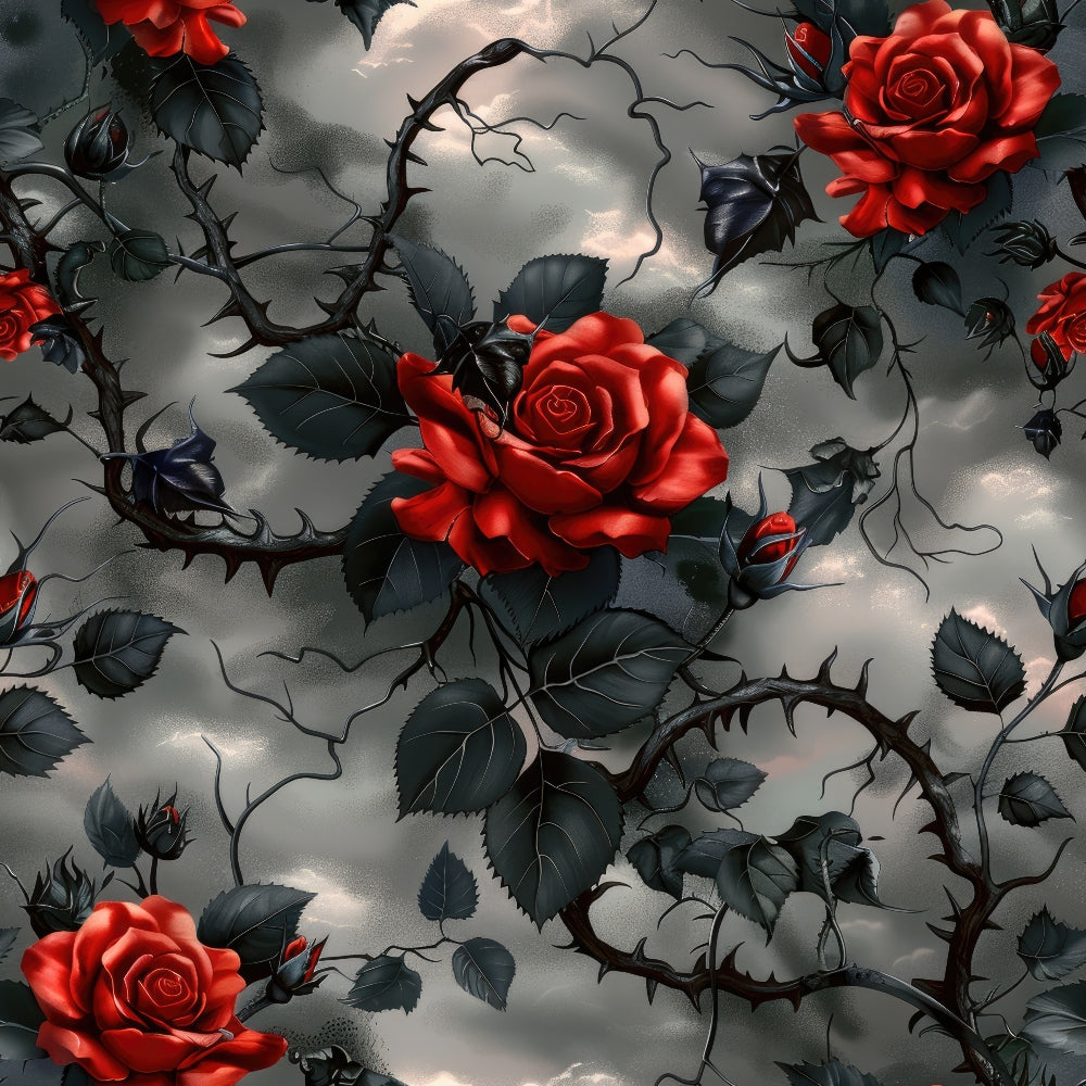 red roses, thorny vines, gothic pattern, dark gray background, crimson blooms, black thorns, moody atmosphere, dramatic lighting, rose buds,, fabric panel, gothic romance, dark floral, stormy clouds, botanical design, wine red, charcoal gray, mysterious mood, romantic goth