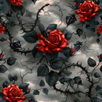 red roses, thorny vines, gothic pattern, dark gray background, crimson blooms, black thorns, moody atmosphere, dramatic lighting, rose buds,, fabric panel, gothic romance, dark floral, stormy clouds, botanical design, wine red, charcoal gray, mysterious mood, romantic goth