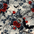 gothic pattern, red roses, black bats, dark blue roses, white roses, thorny vines, moody florals, halloween theme, dark romantic, spooky elegant,, fabric panel, crimson blooms, stormy sky, twisted branches, gothic romance, bat silhouettes, dramatic floral, eerie beauty, midnight garden